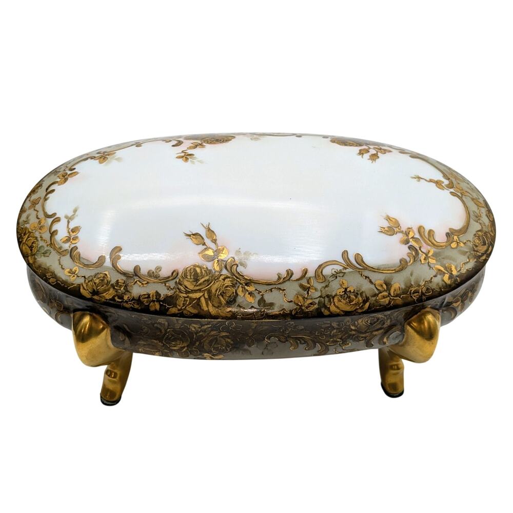 Vtg/Antique Signed Louise Gold Footed China Oval Hand Painted Trinket Box
